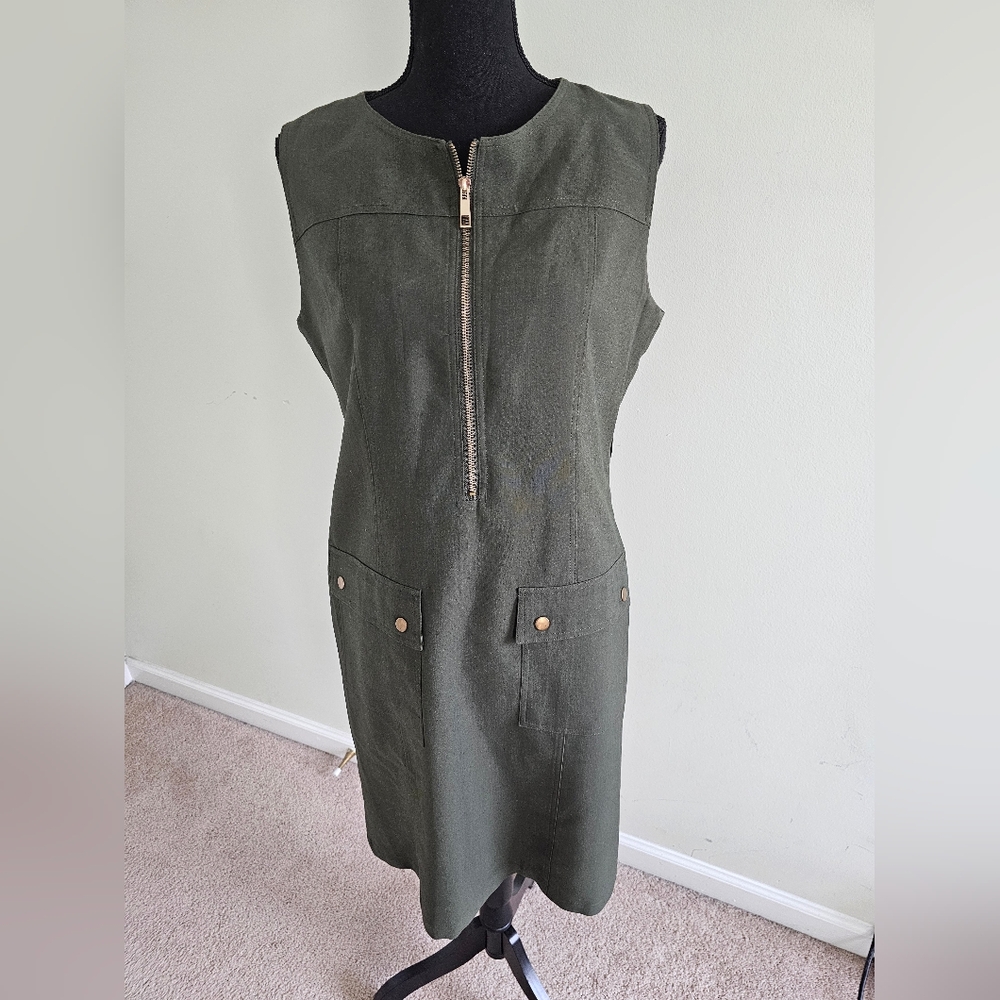 Sharagano Olive Green Midi Dress with Gold Zipper - Sz 12